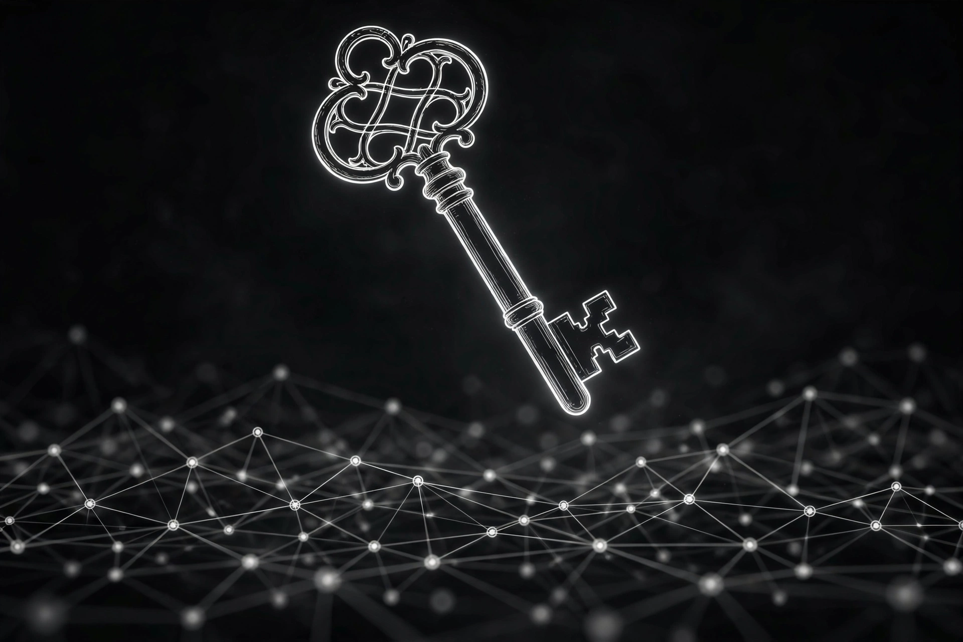 Glowing key over network nodes, illustrating the MTProto proxy secret used to authenticate the connection